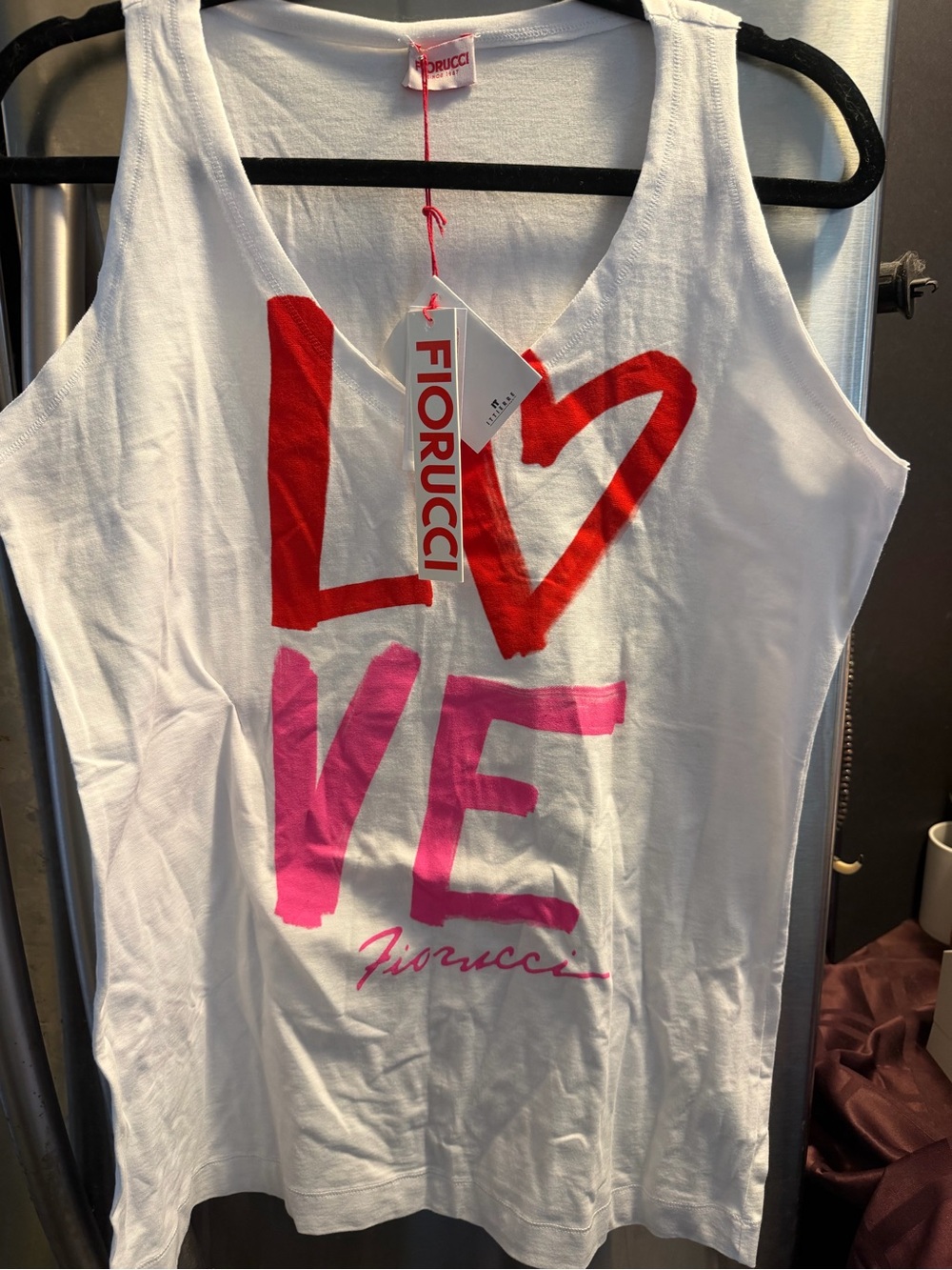 Fiorucci White Tank with Red Heart & Pink LOVE Graphic